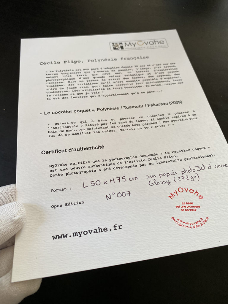 Ce certificat d'authenticité accompagne chaque tirage photo quelque soit son format