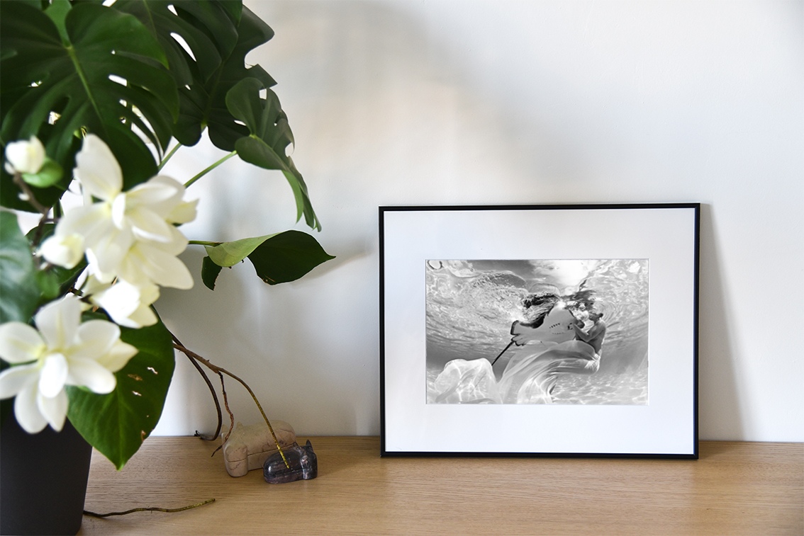 Gimme a Hug version noir et blanc est une photographie artistique sous-marine de Christian Coulombe, en édition limitée, numérotée et en exclusivité vente chez Myovahe.